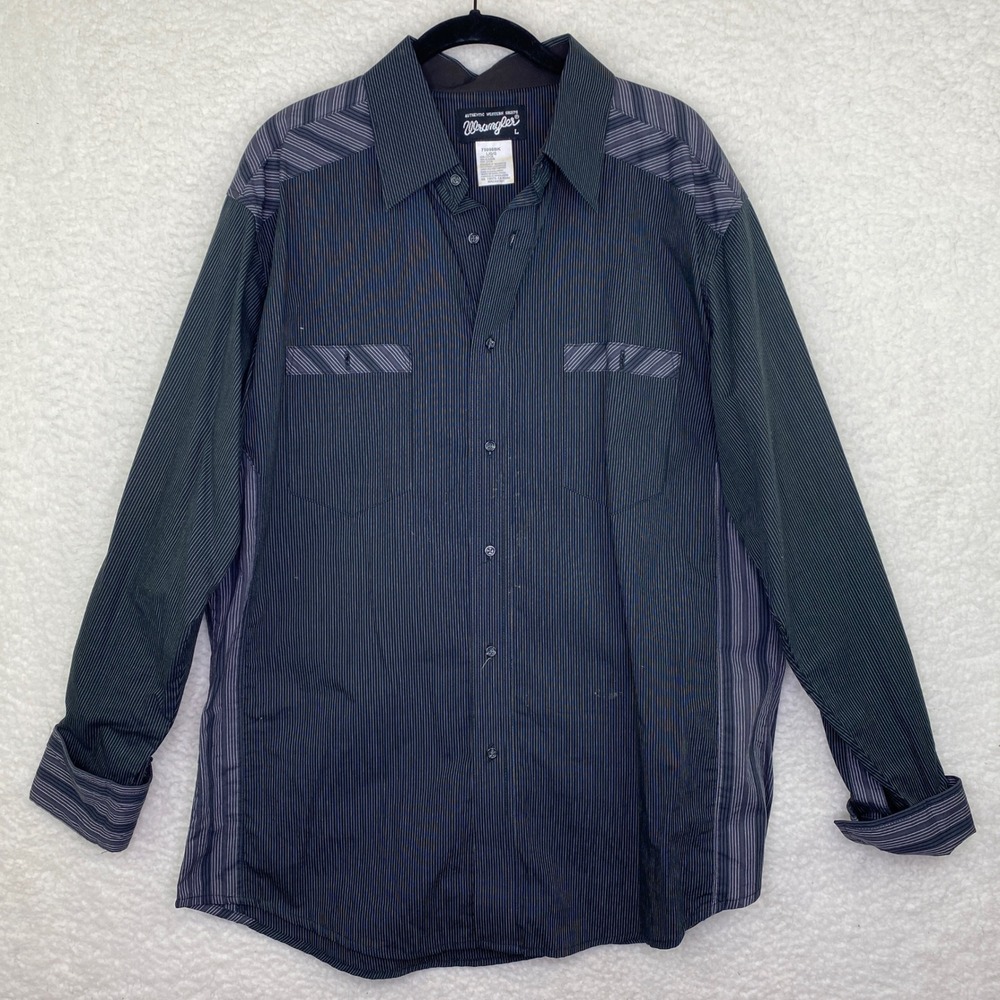 Wrangler Authentic Western Shirt Mens Large Blue Grey Pinstripe Button Up